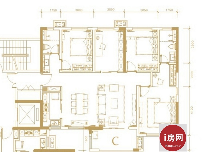 万科魅力之城c户型4室2厅2卫1厨 122.00㎡